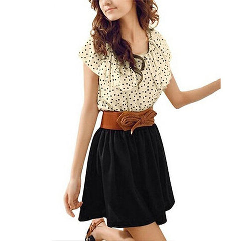 Allegra K Women Dots Print Flouncing Patchwork Dress W Waist Belt