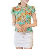 Finejo Women Short-Sleeve Slim Ladies Floral Print Chiffon Shirt