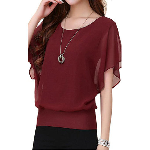 FINEJO Womens Candy Color Chiffon Tops Fitted Puff Sleeve Shirt Clubwear Blouse