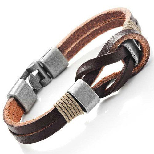 Dark Brown Genuine Leather Nautical Knot Bracelet with Silver New Secure Clasps for Him and Her, Unisex, 8"